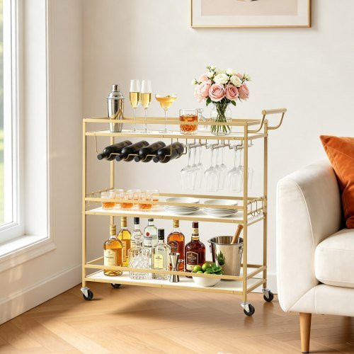 VEVOR Barwagen mit 3 Ebenen in Gold, moderner Servierwagen mit Weinregal und Glashalter, H x B x T: 93,5 x 91 x 33 cm - Bild 1