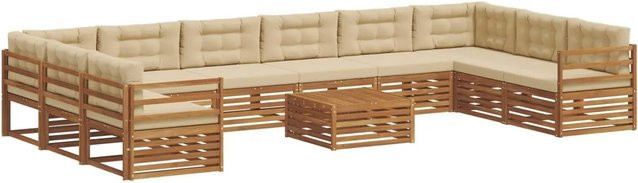 vidaXL Sofagarnitur 11-teilig in U-Form aus Massivholz Akazie, Farbe Natur-Beige mit Polsterung und Kissen - Bild 1