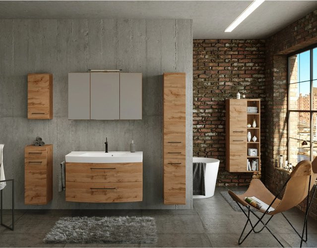 Held Möbel Waschtisch-Set Florenz in Wotaneiche, 2-teilig mit Spiegelschrank, modern, Wandmontage, Breite: 100 cm - Bild 1
