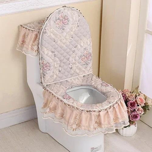 Super Six Toilettenmatte Set mit floralem Spitzenstoffdekor in Pink, dreiteilig mit Toilettendeckelbezug und Rocksaum im Shabby Chic Stil - Bild 1