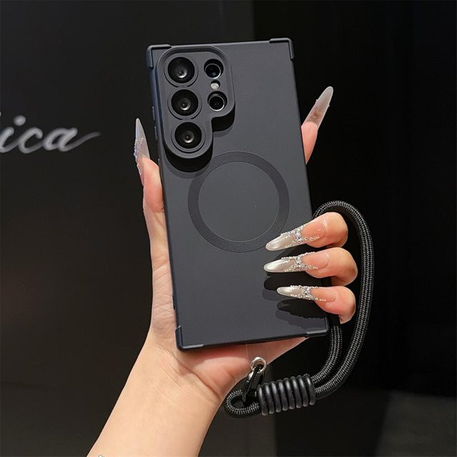 Magnetische Handyhülle mit Lanyard Armband für Samsung Galaxy S26 Ultra, S25 Ultra, S25, S24 Plus und S26 in Schwarz, stoßfest und MagSafe kompatibel - Bild 1