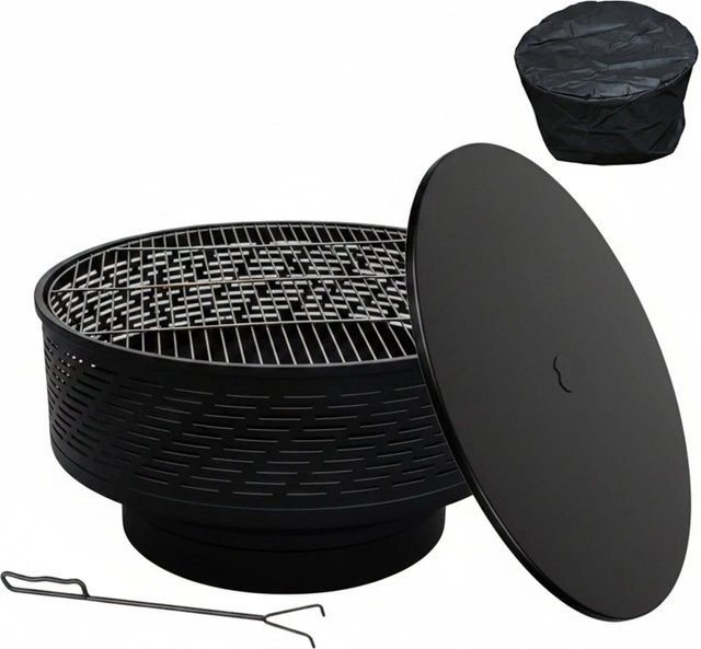 Relaxdays Feuerschale aus Stahl in Schwarz mit Deckel und Grillrost, Durchmesser: 38 cm, Höhe: 66 cm - Bild 1