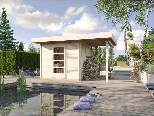WEKA Gartenhaus 172 A Gr.3 aus europäischer Fichte mit Flachdach und Vordach in Beige, B/H/T: 489 x 226 x 377 cm - Bild 1