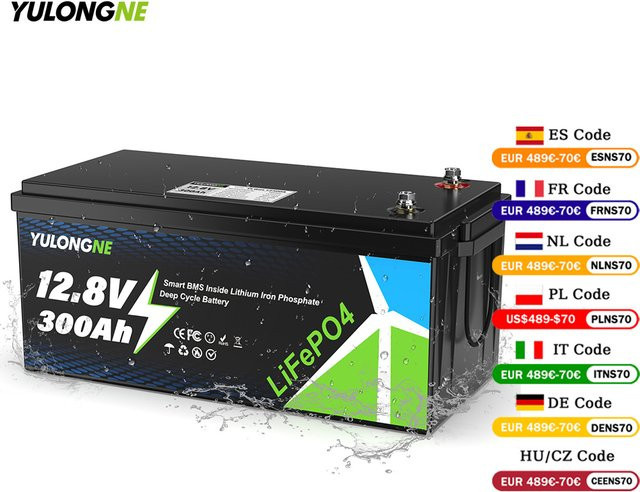 YULONGNE LiFePO4 Lithium-Eisenphosphat-Batterie 12,8V 300Ah mit Smart BMS, 3840Wh wiederaufladbare Deep-Cycle-Batterie in Schwarz - Bild 1