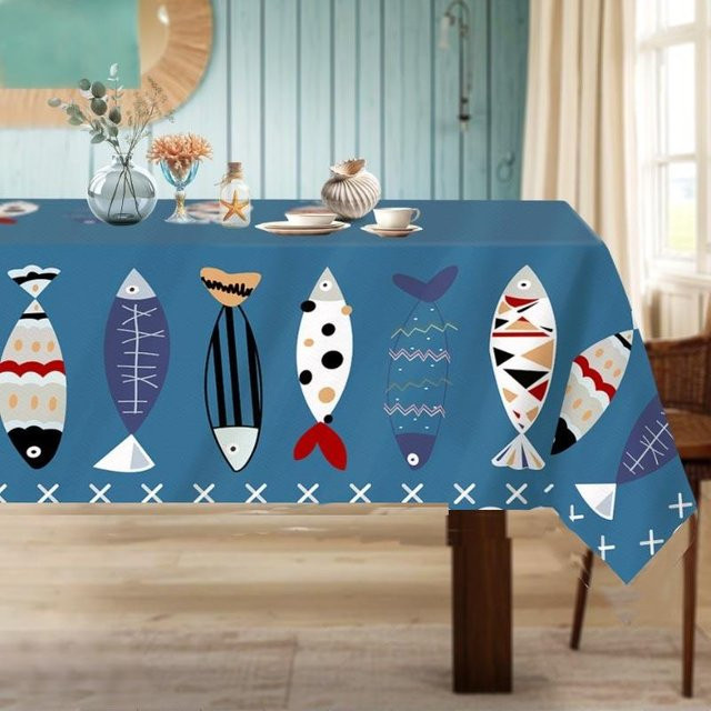 Rechteckige Tischdecke von JMG Household Supplies in Blau mit Sandfisch- und Ozean-Motiv, wasserabweisend und waschbar, B/T: 140 x 140 cm - Bild 1