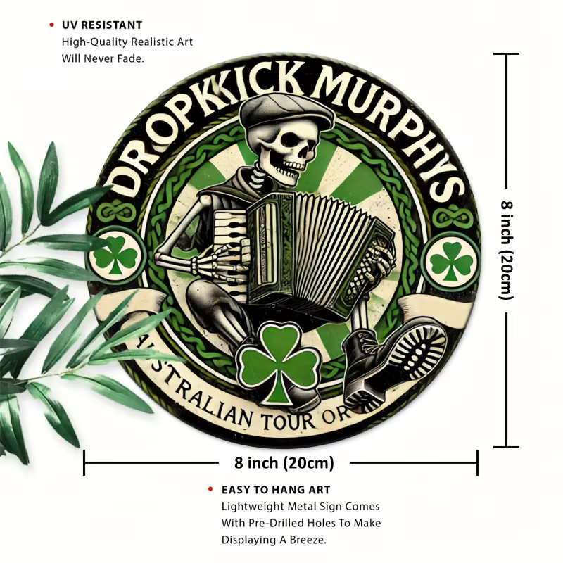 Vintage Dropkick Murphys Metallschild von Potdemiel mit Skelett und Kleeblatt, Wandkunst aus Aluminium, B/H: 20,32 x 20,32 cm, Mehrfarbig - Bild 5