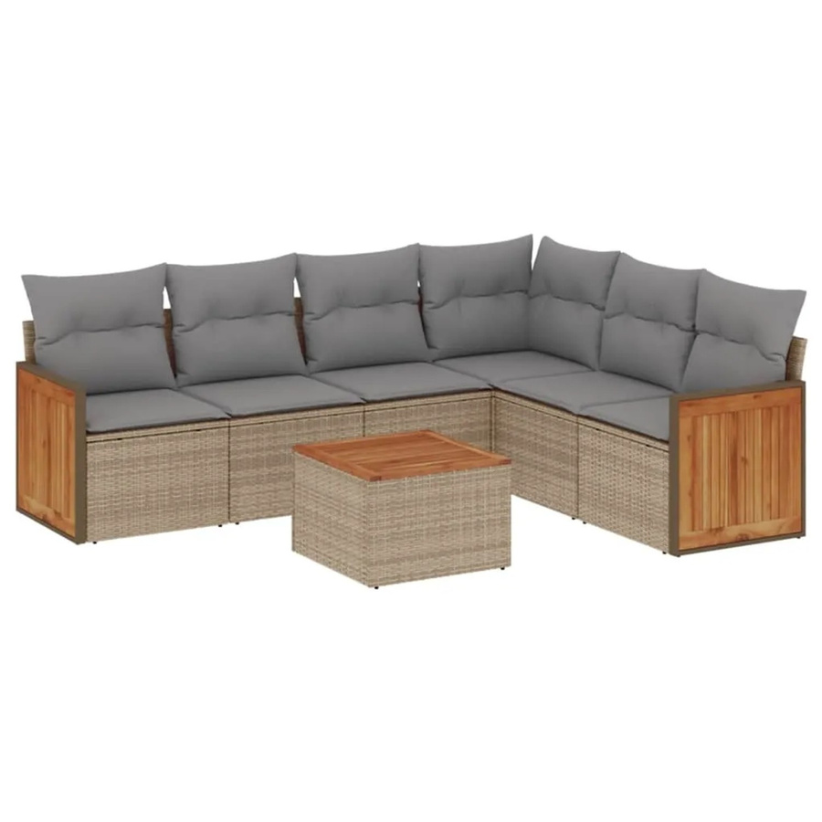 vidaXL 7-teilige Garten-Sofagarnitur aus Poly-Rattan und Akazienholz in Beige-Grau mit Kissen - Bild 2