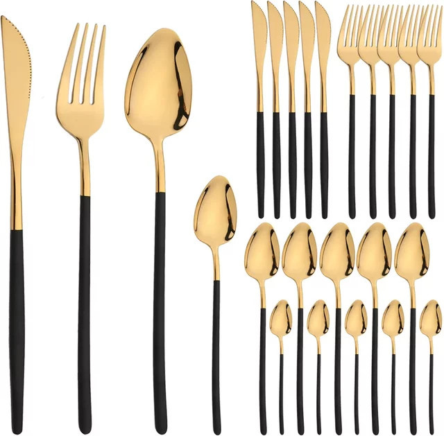 JAOER Besteckset aus Edelstahl in Gold, 24-teiliges Set bestehend aus Messern, Gabeln, Löffeln und Teelöffeln, spülmaschinenfest - Bild 1
