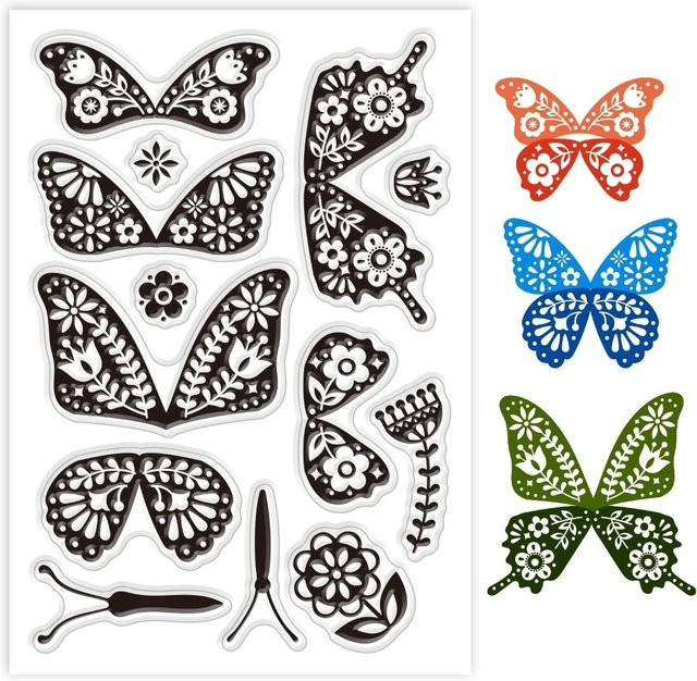 Transparenter Schmetterlings-Silikonstempel für DIY, Scrapbooking und Journaling, B: 11 cm, H: 16 cm - Bild 1
