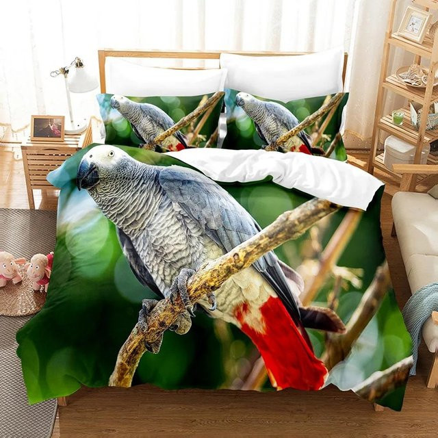 Bettwäsche-Set mit Papageien-Motiv von JMG Household Supplies in Grau und Grün, bestehend aus Bettbezug und Kissenbezug aus Mikrofaser, Breite: 140 cm, Höhe: 210 cm - Bild 1