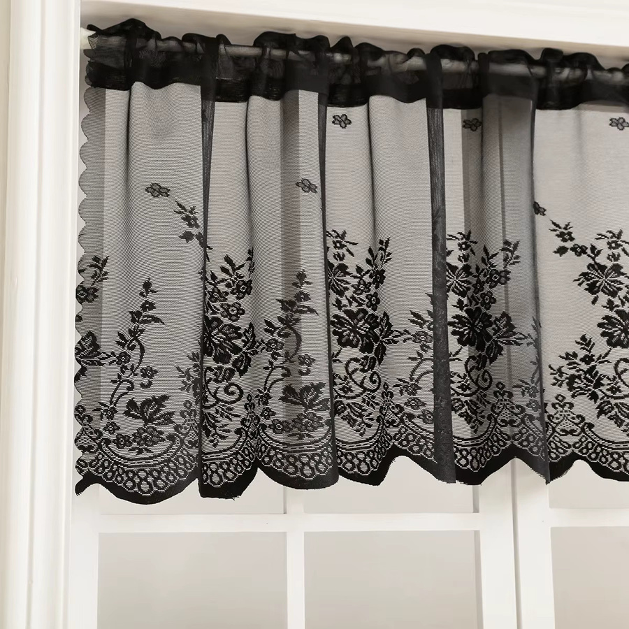 Kurzer Vorhang aus schwarzer Spitze mit Blumenmuster und Tüll-Design für die Küche, Breite: 90 cm, Höhe: 100 cm - Bild 4