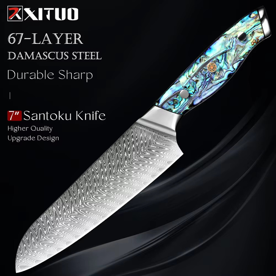 Xituo Santoku Küchenmesser aus Damast-Stahl mit ergonomischem Griff, Mehrfarbig, Klingenlänge: 17,8 cm - Bild 5
