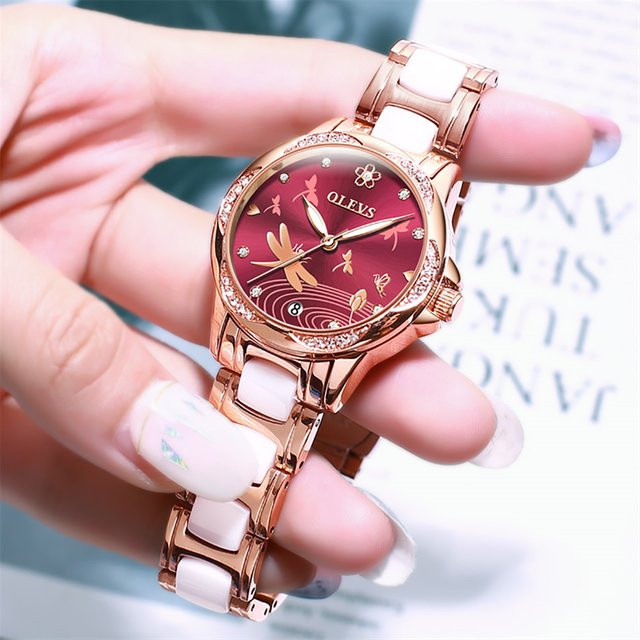 OLEVS Armbanduhr Automatik, Edelstahl, Diamantbesetzt, Damen, wine red - Bild 1