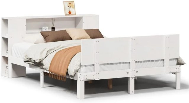 vidaXL Massivholzbett aus Kiefer mit Kopfteil und Regal in Weiß, B/T/H: 140 x 190 cm - Bild 1