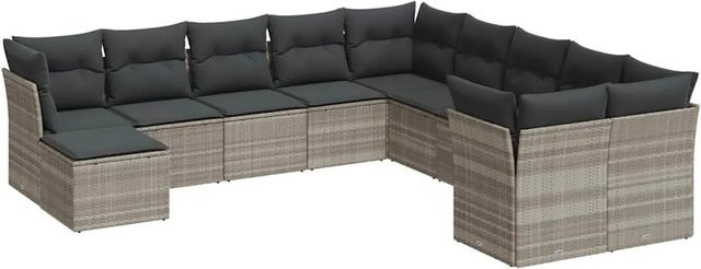vidaXL 11-tlg. Garten-Sofagarnitur in L-Form aus Poly-Rattan mit Kissen, Hellgrau - Bild 1