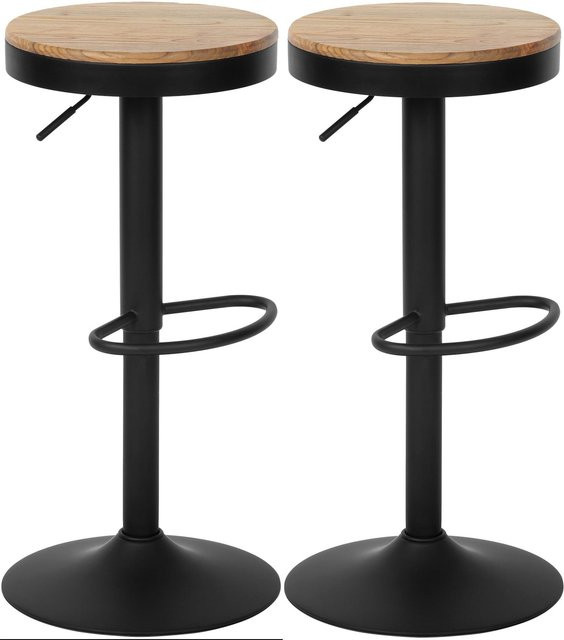CLP Barhocker Pitas 2er Set, höhenverstellbare Barstühle mit Ulmenholz-Sitzfläche und Metallgestell, drehbar, Schwarz-Braun - Bild 1