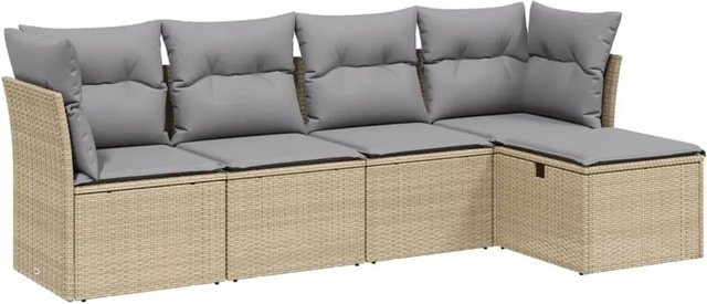 vidaXL 5-tlg Garten-Sofagarnitur aus Poly Rattan in Beige mit Kissen und Ottoman, L-Form für Terrasse und Garten - Bild 1