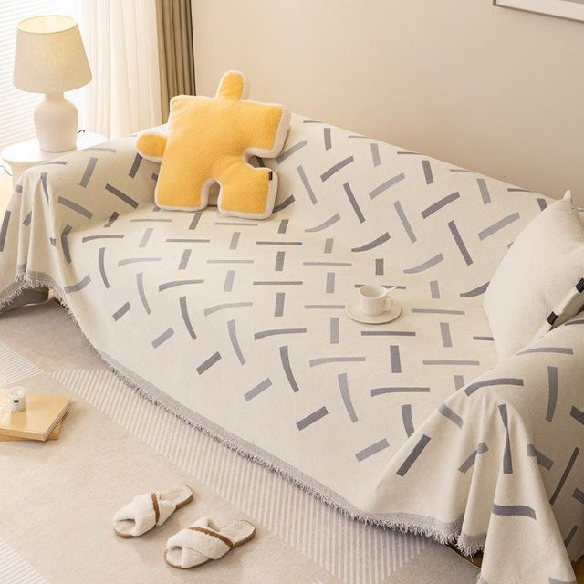 Universal Chenille Sofabezug in Beige mit geometrischem Design, gesteppt und rutschfest, B/T: 180 x 130 cm - Bild 1