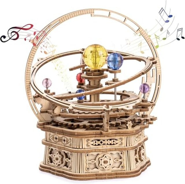 SJTuo Drehende Sternennacht Mechanische Spieluhr, 3D Holzpuzzle Bausatz, Bastelset, beige - Bild 1