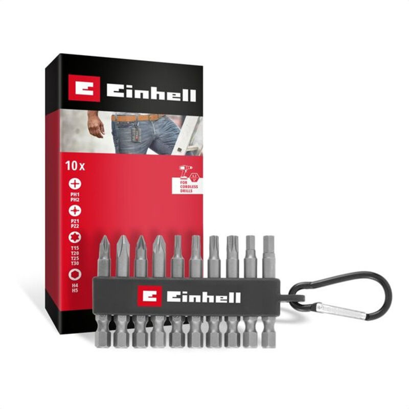 Einhell Bit-Set 10-teilig mit Karabiner in Rot, 1/4 Zoll (6,3 mm), PH, PZ, Sechskant und TX - Bild 2