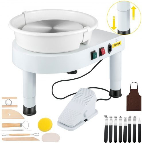 VEVOR Töpferscheibe für Keramik mit 35,6 cm Scheibe, verstellbare Drehzahl 0-300 RPM, höhenverstellbare Beine 0-19,8 cm, Fußpedal, abnehmbare Schale und Zubehörset für Kunsthandwerk, Weiß - Bild 1