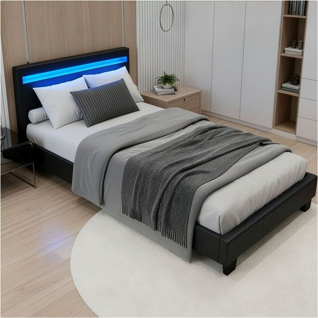 Juskys Polsterbett Paris in Schwarz mit LED-Beleuchtung und Lattenrost, B/T/H: 90 x 200 cm - Bild 1