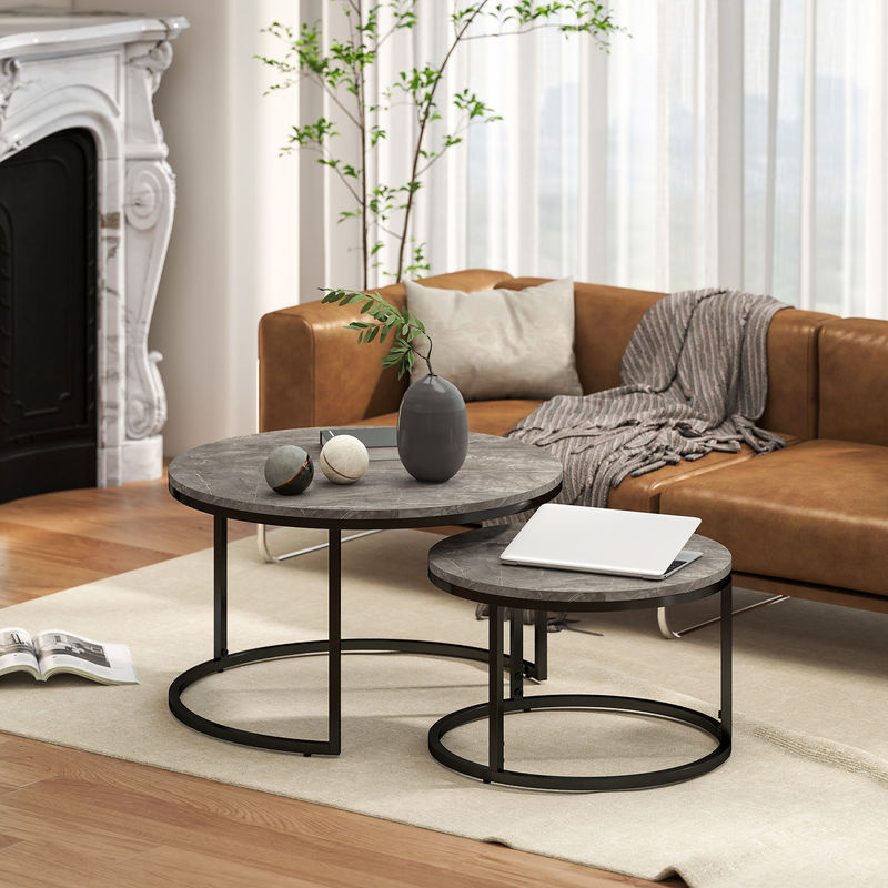 HOMCOM 2er Set Couchtisch rund mit Marmoroptik und Metallrahmen in Grau - Bild 2