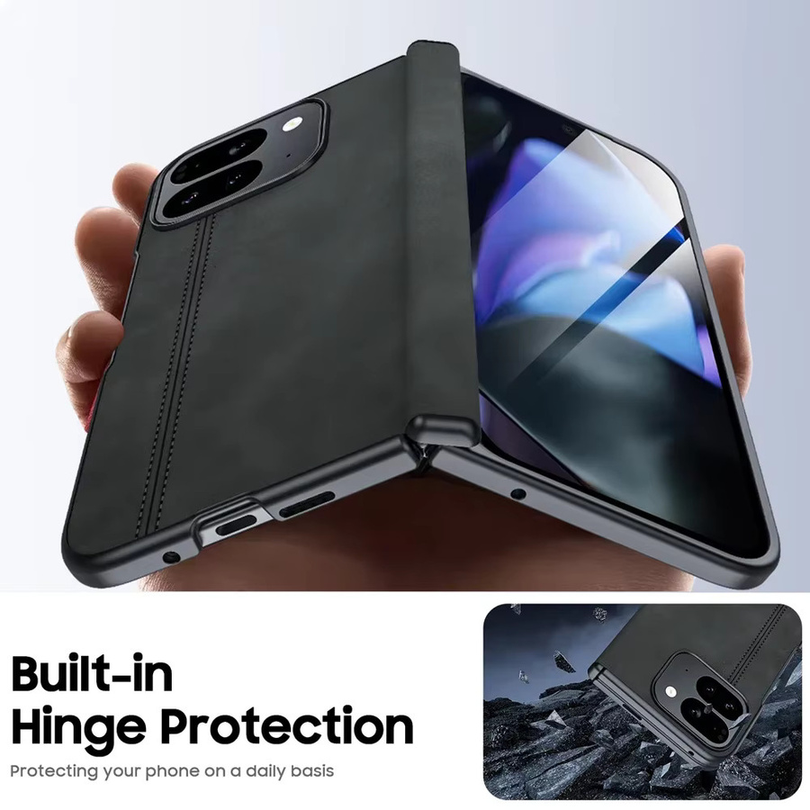 BANGZAO Magnetische Handyhülle mit Schafsleder-Textur und Schutzfolie für Google Pixel 9 Pro Fold in Schwarz - Bild 1