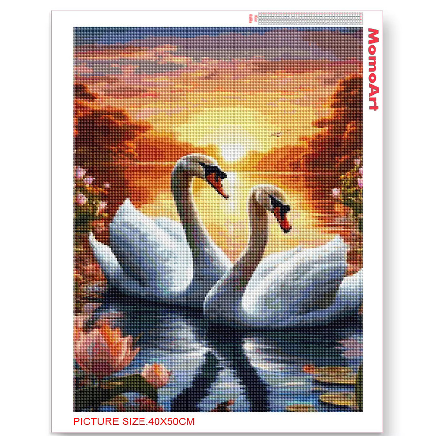 Momoart 5D Diamant Mosaik Set Schwan am Sonnenuntergang mit bunten Strasssteinen, Stickerei Kit für Erwachsene, Breite: 40,0 cm, Höhe: 30,0 cm - Bild 2