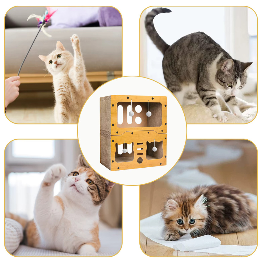 HGTUGO Katzenhaus aus Karton und Holz mit Kratzfläche als Katzen-Condo und Aktivitätszentrum in Gelb und Braun - Bild 5