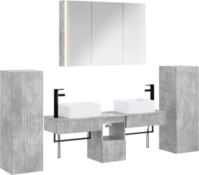 vidaXL Badezimmermöbel-Set 6-teilig in Betongrau aus Ingenieurholz und Glas mit Spiegelschrank, Wandschrank und Waschtischunterschrank inklusive LED-Beleuchtung - Bild 1