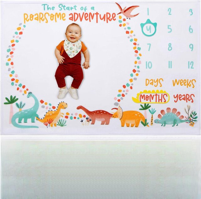 VIKAMA Dinosaurierdecke als monatliche Meilensteindecke für Babys mit Wachstumstabelle, Mehrfarbig und Waschbar - Bild 1