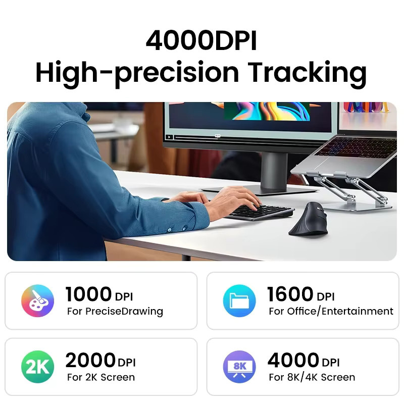 UGREEN Ergonomische Vertikale Maus in Schwarz mit Bluetooth 5.0 und 2,4 G Verbindung, 4000 DPI und 6 Stummschalttasten für MacBook, Tablet, Laptop und PC - Bild 3