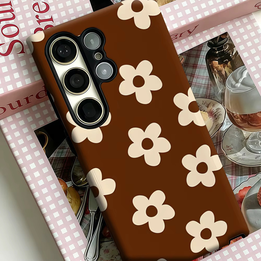 Braune Retro Handyhülle mit Mini Blumen Design für Samsung Galaxy S25 Ultra, S24 und S23 Ultra Plus, stoßfeste Doppelschicht Rückabdeckung - Bild 4