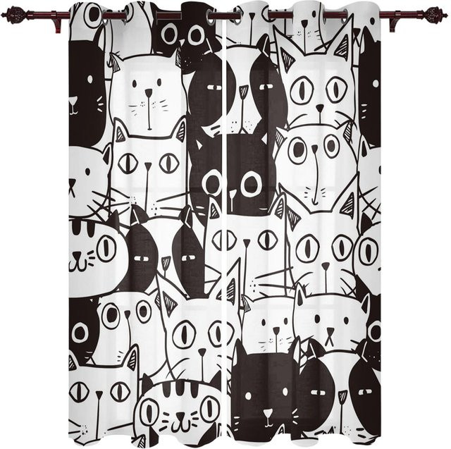 Super Six Dekorative Katze Fenster Vorhänge mit Motiv in Schwarz und Weiß, 2er Set, Breite: 90 cm, Höhe: 100 cm - Bild 1