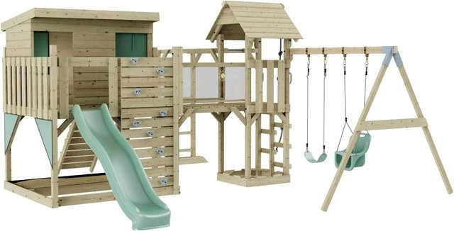 OutdoorToys Spielturm Johanna mit Babyschaukel in Mintgrün aus Holz und verzinktem Stahl - Bild 1