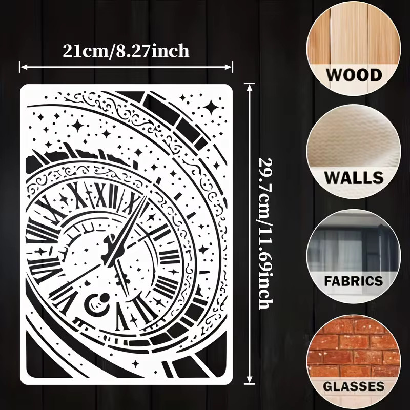 PenhuaMoban Schablone mit Uhr- und Sternmotiv in Weiß für DIY-Bastelarbeiten und Wandgestaltung - Bild 2