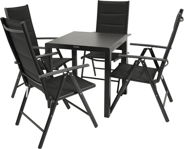 DEGAMO Gartenmöbel Set PARIS 5-teilig aus Aluminium und Kunstgewebe in Schwarz, bestehend aus 1 Tisch und 4 Klappsesseln mit Armlehnen, Tisch B/T/H: 70 x 70 cm - Bild 1