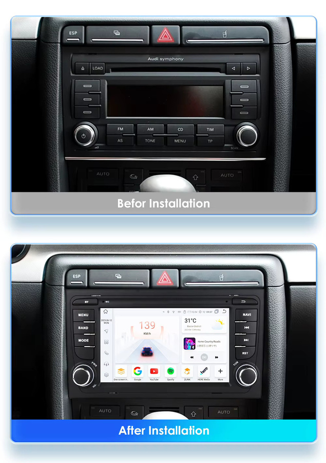 Hizpo Android 13 Auto Radio für Audi A4 B6 2000-2006 S4 B7 RS4 Seat Exeo mit 7 Zoll Display, GPS, Drahtlosem CarPlay und 4G Unterstützung in Schwarz - Bild 2