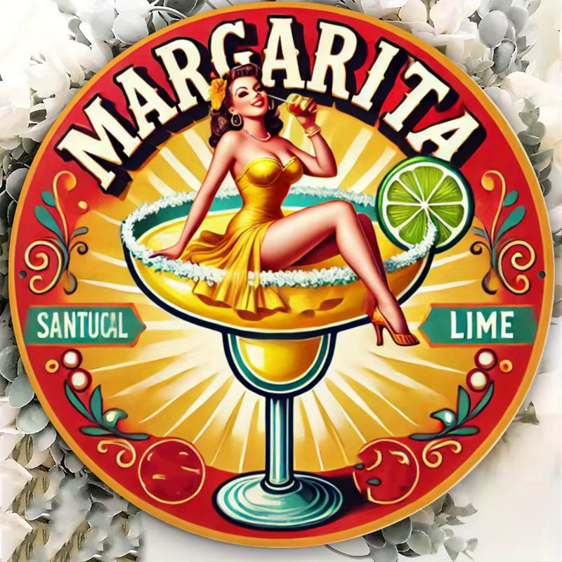 Retro Margarita Cocktail Metallschild von Potdemiel – Rundes Wandschild in Mehrfarben für Bar und Dekoration - Bild 5