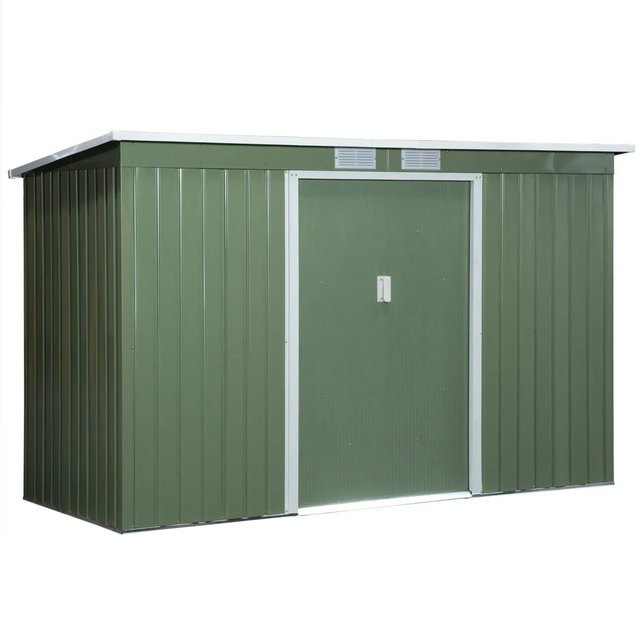 Outsunny Gerätehaus aus verzinktem Stahl in Grün mit Lüftungsfenster und Schiebetüren, B/H/T: 280 x 172 x 130 cm - Bild 1