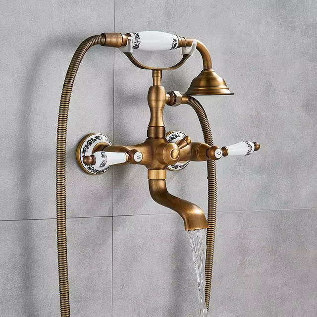 Wanmivezlo Badewannen-Duscharmatur-Set aus Messing in Antique Brass Gold mit Doppelgriffen und schwenkbarem Wannenauslauf, wandmontierte Mischbatterie - Bild 3