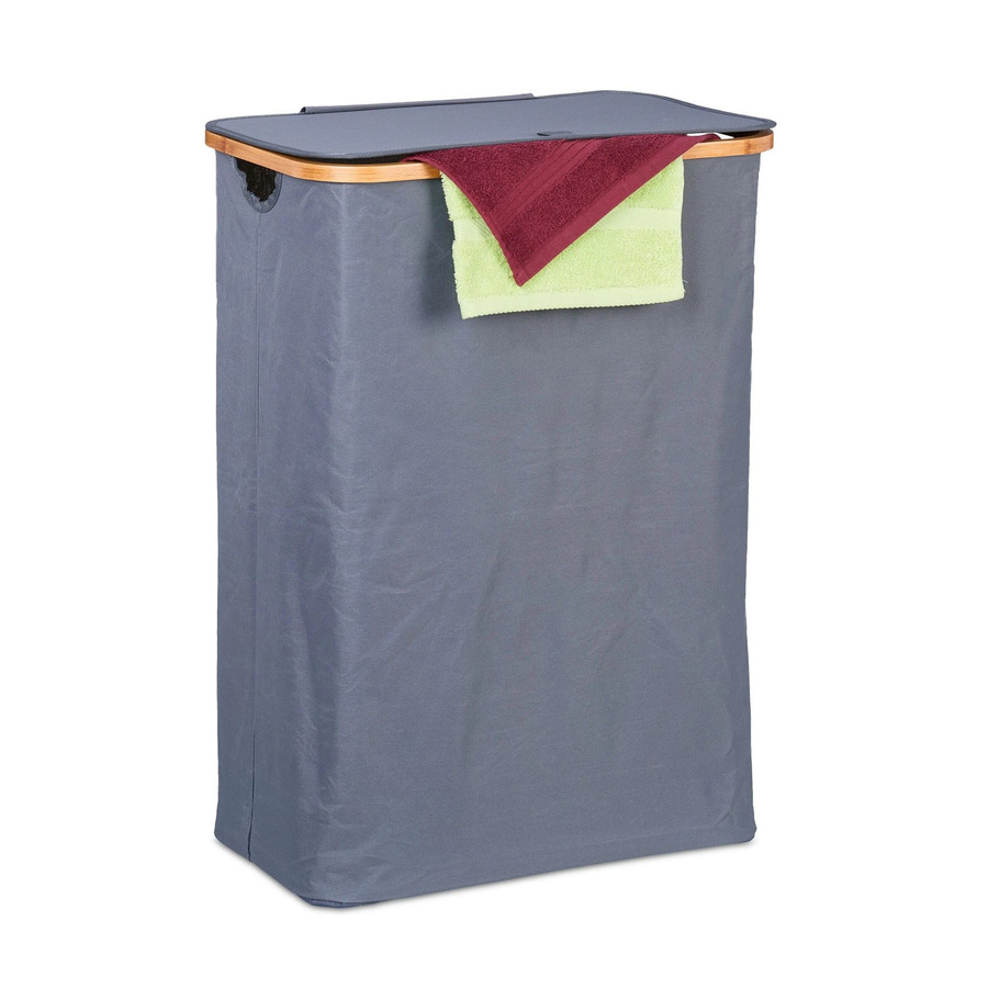 Faltbarer Relaxdays Wäschekorb aus Bambus und Polyester in Grau und Natur mit Deckel, B/T/H: 75 x 54 x 34 cm - Bild 2