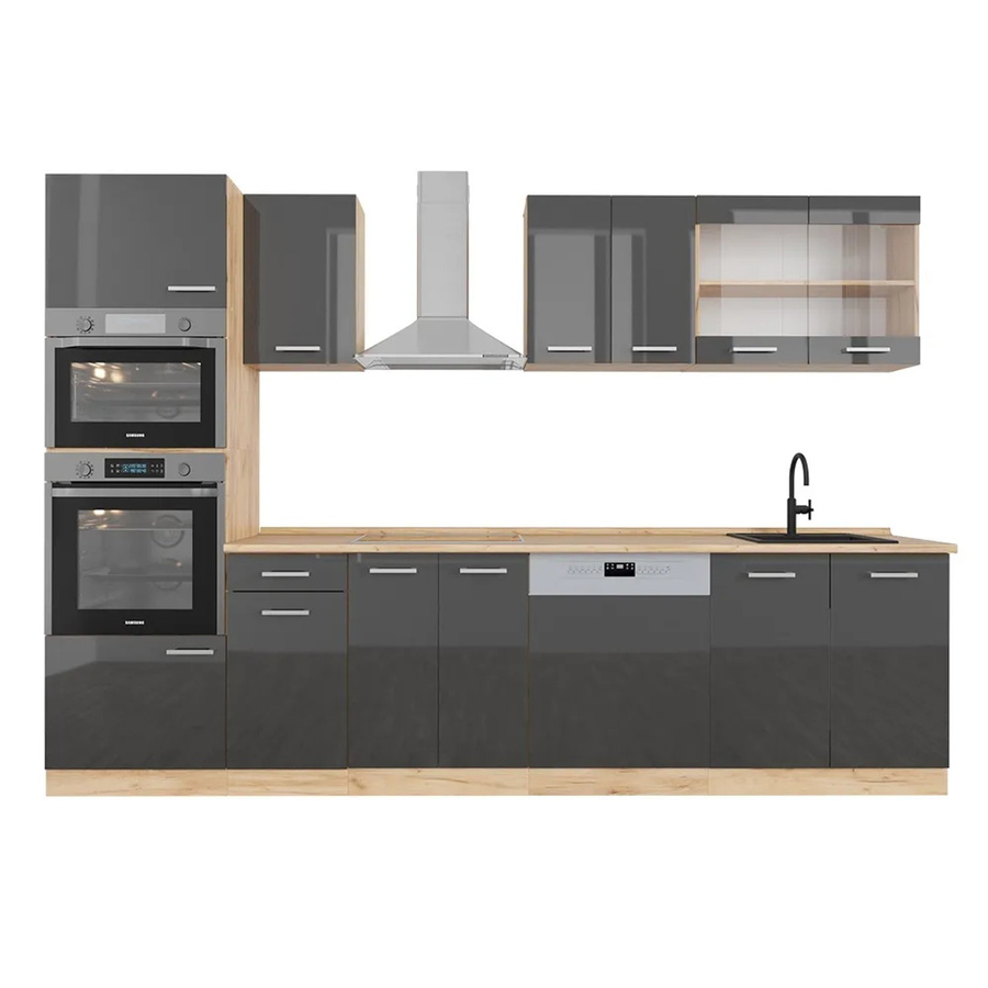 Vicco R-Line Küchenzeile Anthrazit Hochglanz und Goldkraft Eiche mit Hochschrank, Breite: 300 cm - Bild 2
