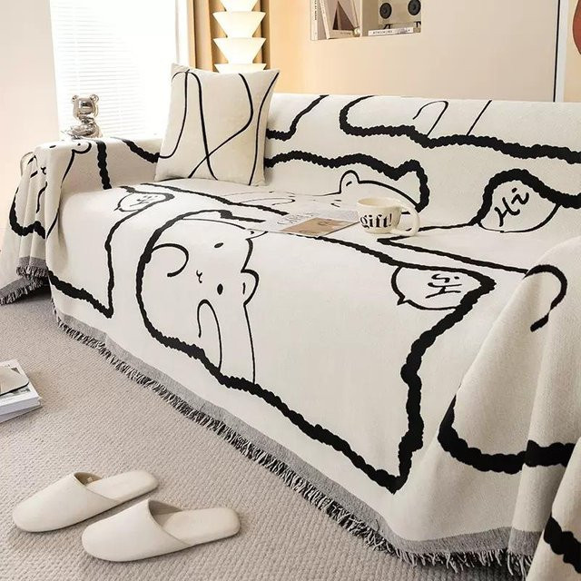 Sofabezug aus Chenille Jacquard mit niedlichem Bären-Motiv, universelle Verdickte Kissenmatte zum Staubschutz, B/B/H: 180 x 130 cm, Schwarz-Weiß - Bild 1