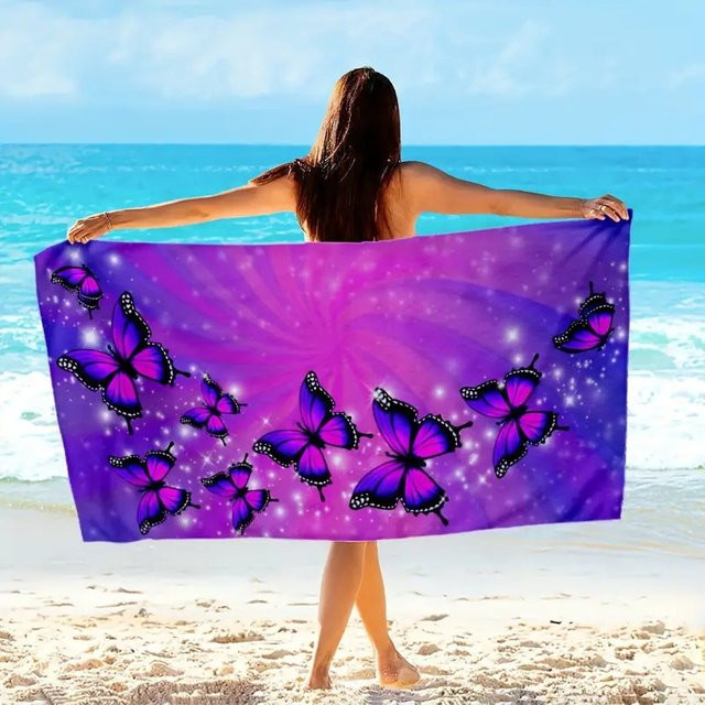Saugfähiges Mikrofaser-Strandtuch mit Schmetterlingsdruck in Blau und Lila, B/B: 140 x 70 cm - Bild 1