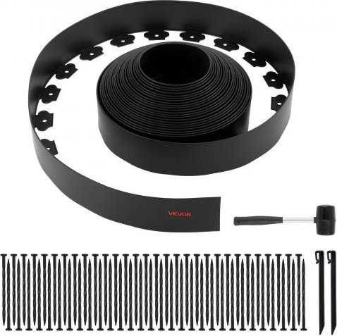 VEVOR Rasenkante aus Kunststoff in Schwarz, 20 m x 10 cm, flexible Gartenbegrenzung mit Spikes und Erdspießen zur Beeteinfassung und Landschaftseinfassung - Bild 1