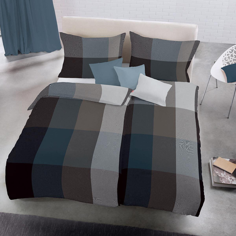 Fleuresse Lech Edelflanell Bettwäsche Karo Dunkelblau Grau B/T/H: 200 x 220 x 80 cm - Bild 1