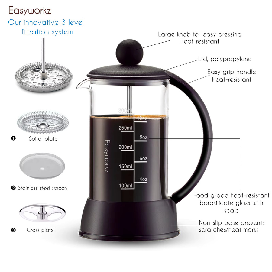 Easyworkz Eclipse French Press Kaffee- und Teebereiter aus Borosilikatglas in Schwarz und Transparent - Bild 2