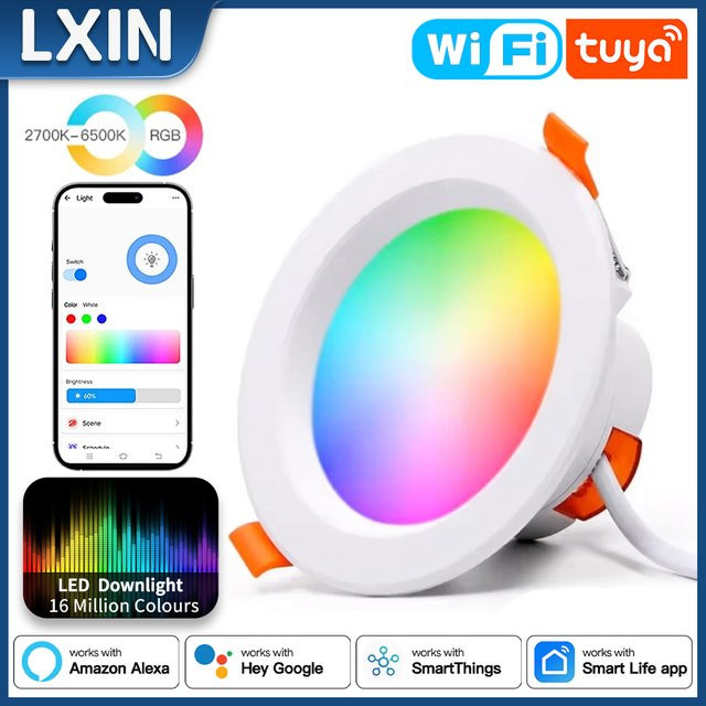 Lxin Tuya Smart LED Downlight WIFI, dimmbare RGBCW Einbaustrahler mit Sprachsteuerung für Alexa und Google Home, Weiß - Bild 1